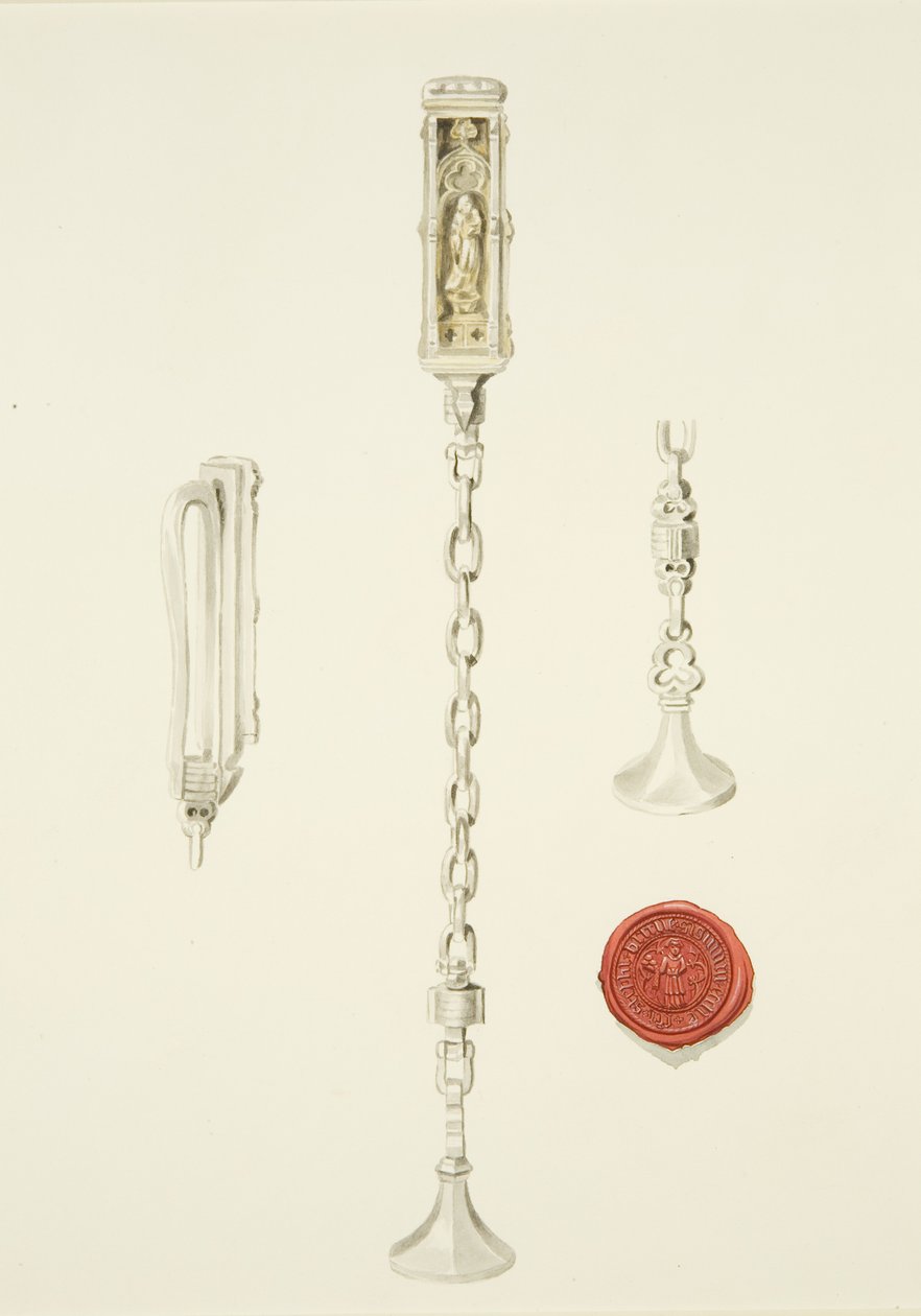 Pieczęć i łańcuch kościoła św Szczepana, ok. 1825 (ołówek i akwarela na papierze) autorstwa British School