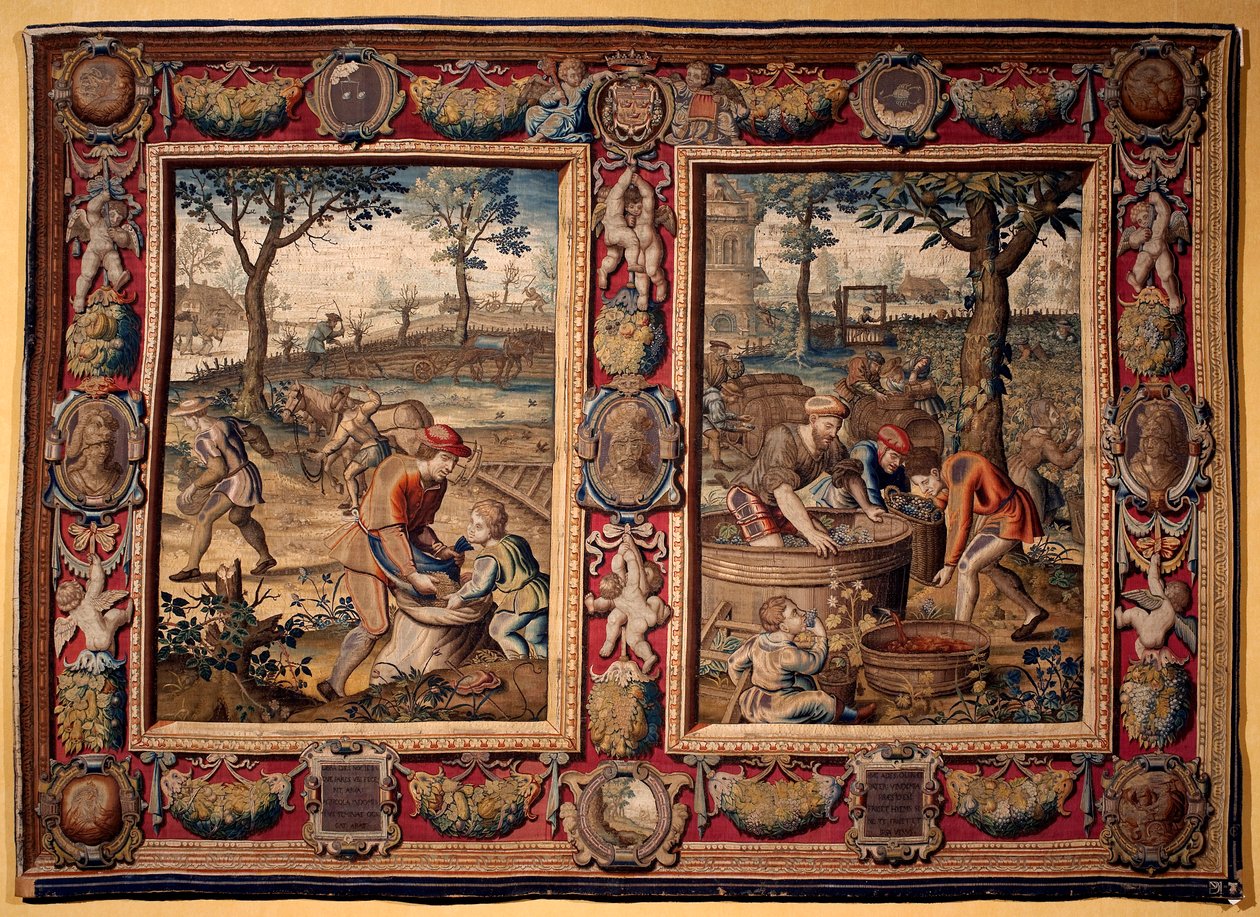 Wrzesień i październik: "praca na roli i żniwa" Gobelin przedstawiający manufaktury w Mortlake. XVII wiek Genes, Musei di Strada Nuova autorstwa British School