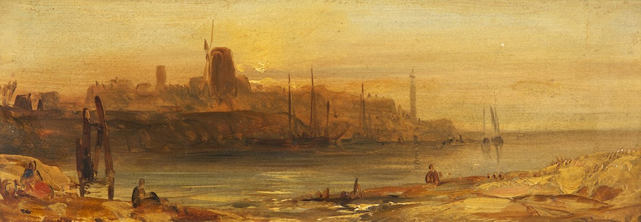 Zachód słońca: port morski i latarnia morska, ok. 1825 (olej na papierze ułożony na płótnie) autorstwa British School