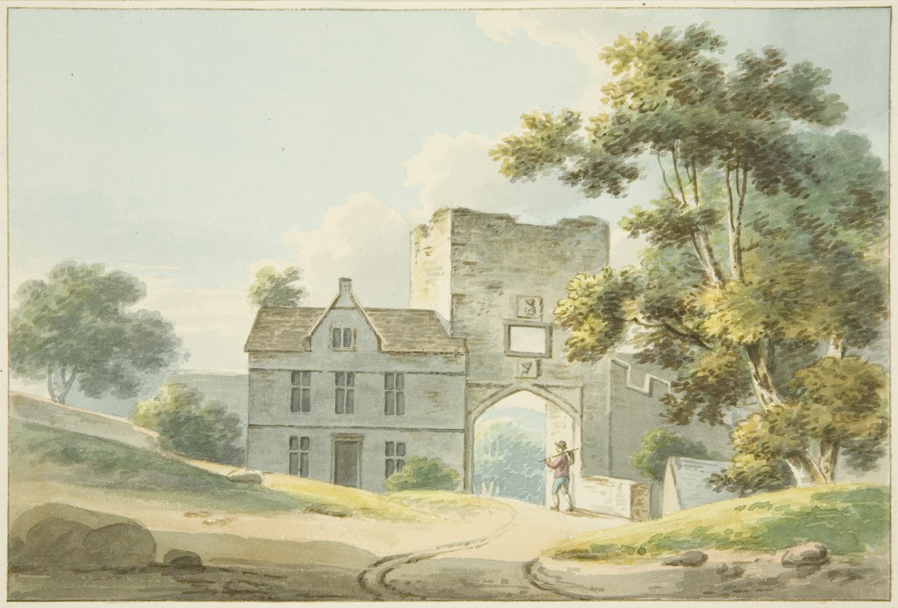 Brama do Opatów Leigh House, gdzie Karol II schronił się po bitwie pod Worcester (ołówek i akwarela na papierze) autorstwa British School