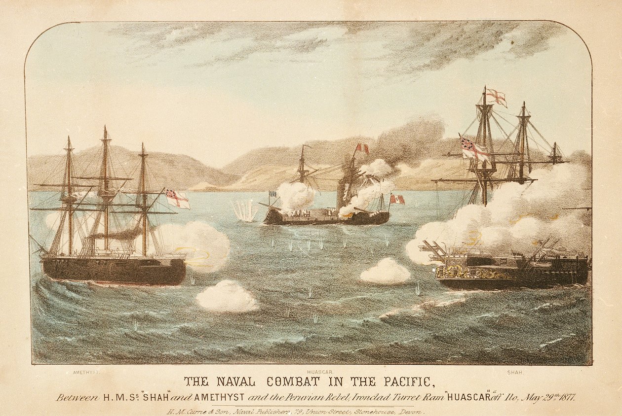 Walka morska na Pacyfiku między HMS "Shah" i "Amethyst" a peruwiańskim buntownikiem, Ironclad Turret Ram Huascar u wybrzeży Ilo, 29 maja 1877 r. autorstwa British School