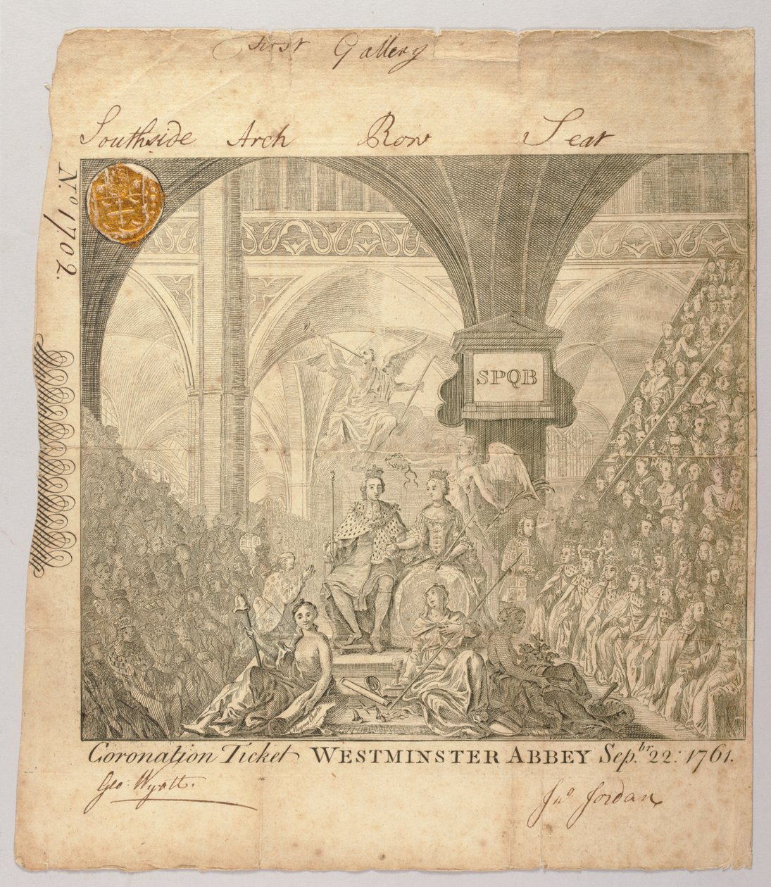 Bilet na ceremonię koronacji Jerzego III w Opactwie Westminsterskim, grawerowany przez George