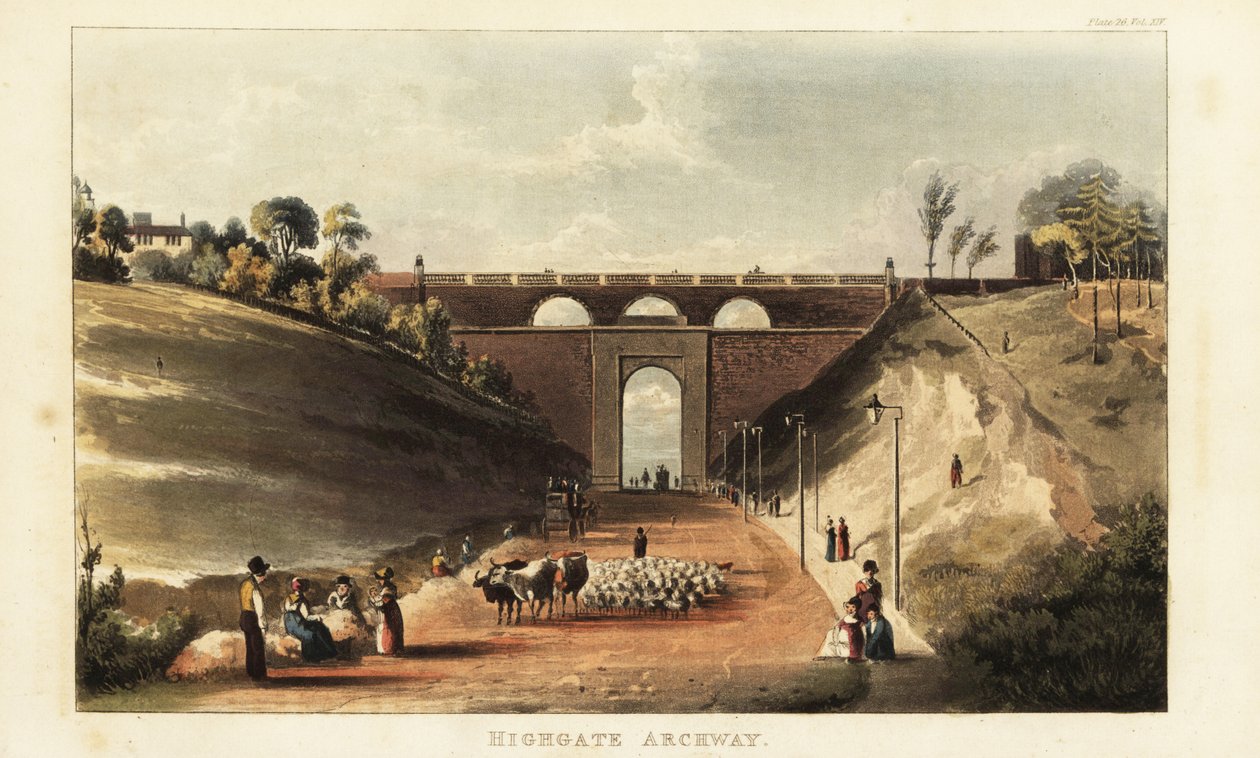 Widok poganiaczy pędzących bydło i owce na targ Smithfield pod bramą w Highgate Hill autorstwa British School
