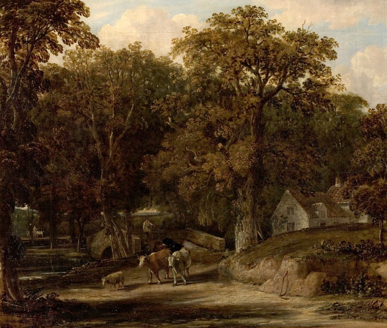 Scena leśna z mostem i bydłem (olej na płótnie) autorstwa British School