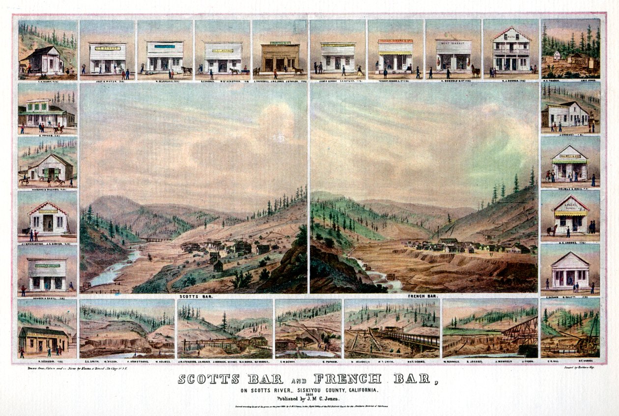 Scotts Bar i French Bar, nad rzeką Scotts, hrabstwo Siskiyou, Kalifornia, 1856 1937. autorstwa Britton and Rey