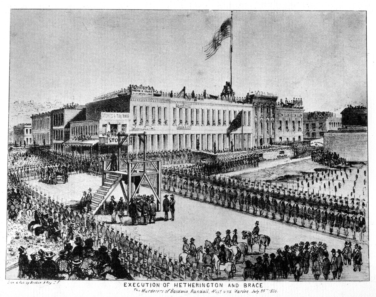 Egzekucja Hetherington and Brace, Fort Vigilance, Sacramento, Kalifornia, 1856 1937. autorstwa Britton and Rey
