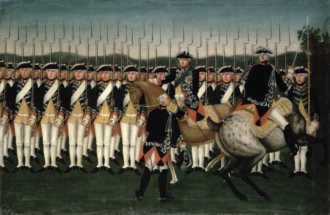 Fryderyk II (1712-86) z Heskim Pułkiem Gwardii autorstwa Brock