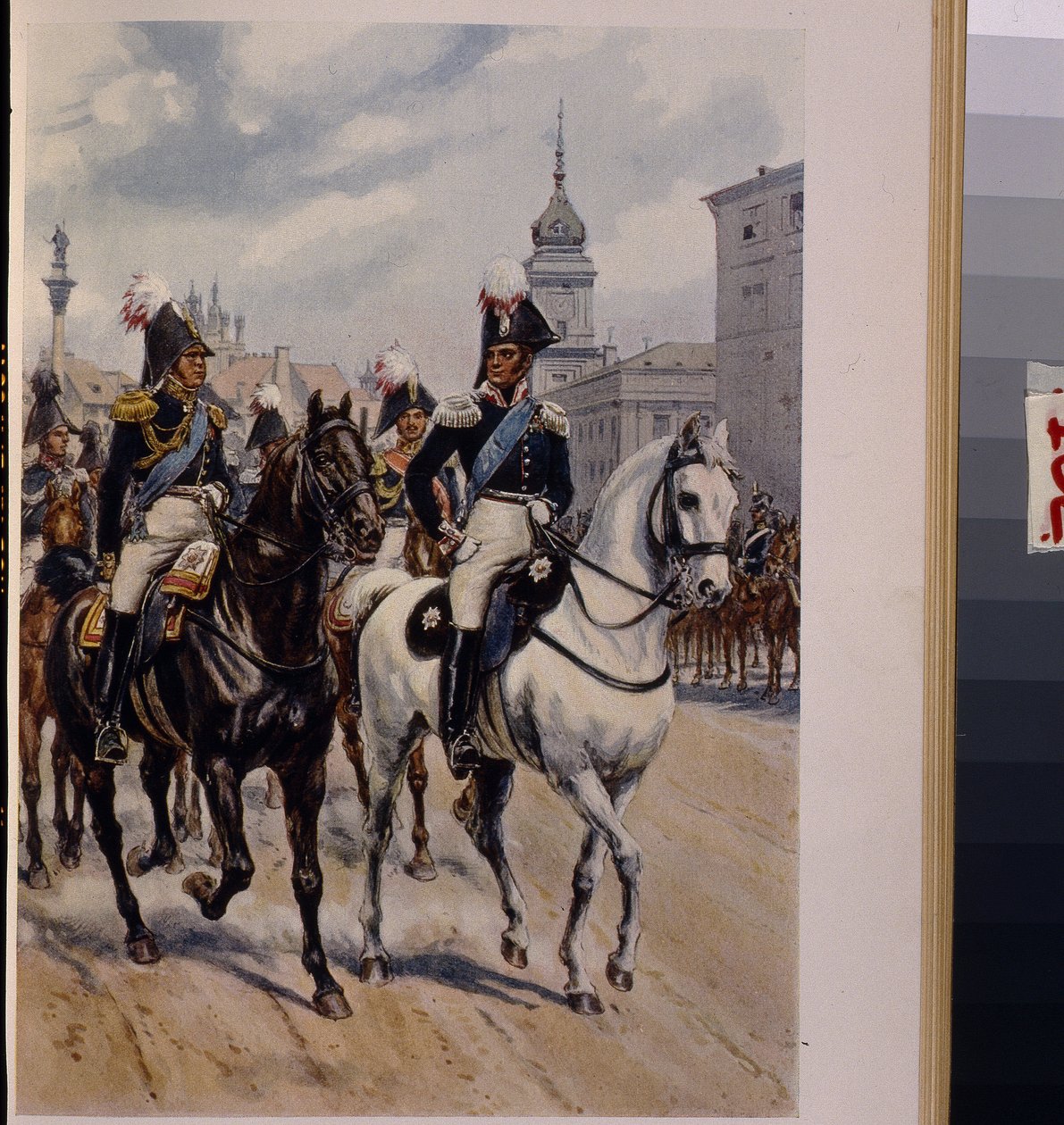 Cesarz Aleksander I Pawłowicz (1777-1825) z wielkim księciem Konstantynem Pawłowiczem Rosji (1779-1831). (Cesarz Aleksander I z Wielkim Księciem Konstantynem Pawłowiczem Rosji). Praca Bronisława Gembarzewskiego (1872-1941), litografia. Polska sztuka piękna autorstwa Bronislaw Gembarzewski