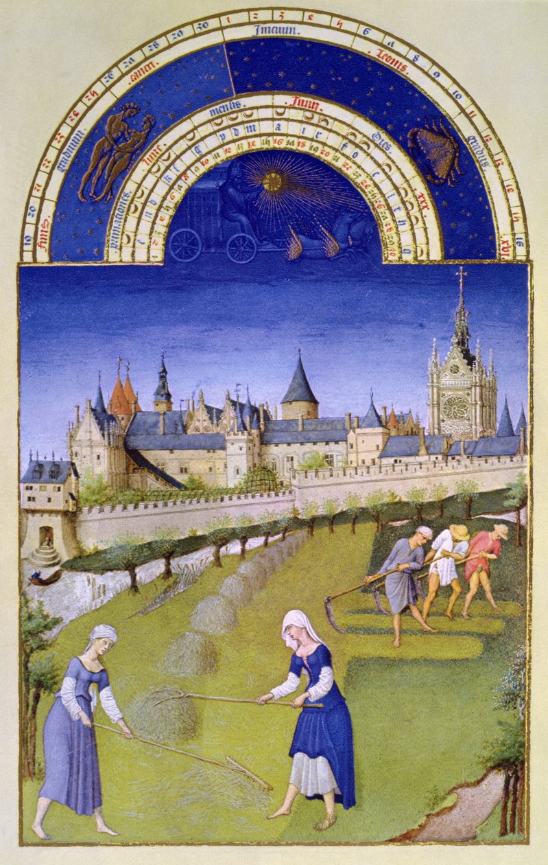 Faksymile z czerwca: Sianokosy, z „Tres Riches Heures du Duc de Berry” (welum) (z oryginału patrz 8438) autorstwa Brothers Limbourg