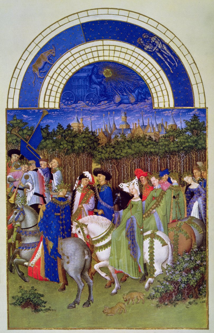 Faksymile z maja: Postacie dworskie na koniu, z „Les Tres Riches Heures du Duc de Berry” (welin) (oryginał patrz 8437) autorstwa Brothers Limbourg