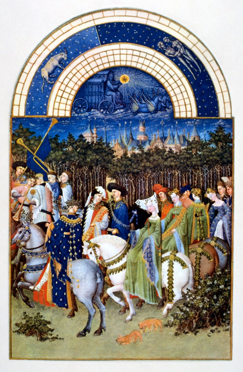 "May" z "Les Très Riches Heures du Duc de Berry" ("Bardzo bogate godziny księcia Berry") autorstwa Brothers Limbourg