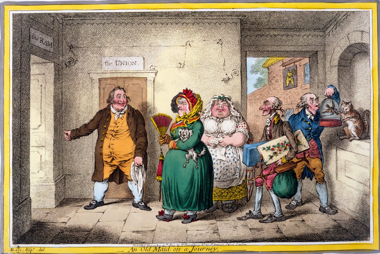Stara panna w podróży, grafika Jamesa Gillraya, 1804 (ręcznie kolorowana grawerunek) autorstwa Brownlow North