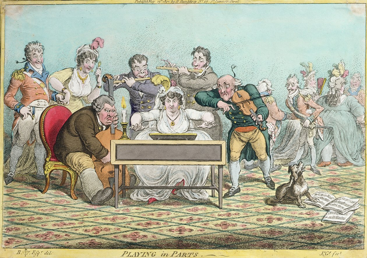 Grając w częściach, akwaforta Jamesa Gillraya (1757-1815) wydana przez Hannah Humphrey w 1801 roku (akwaforta ręcznie kolorowana) autorstwa Brownlow North