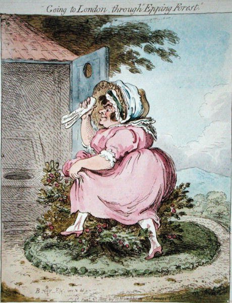 Jadąc do Londynu przez Epping Forest, sztych. James Gillray (1757-1815) wydany przez Hannah Humphrey w 1802 r. (akwaforta ręcznie kolorowana) autorstwa Brownlow (after) North