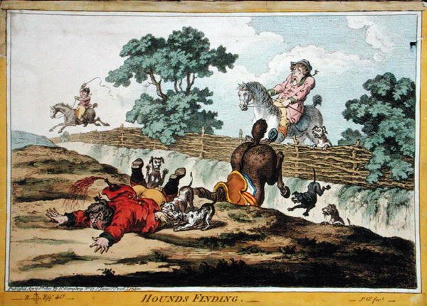 Hounds Finding, akwaforta Jamesa Gillraya (1756-1815) opublikowana przez Hannah Humphrey w 1800 roku (akwaforta ręcznie kolorowana) (patrz także 191237) autorstwa Brownlow (after) North