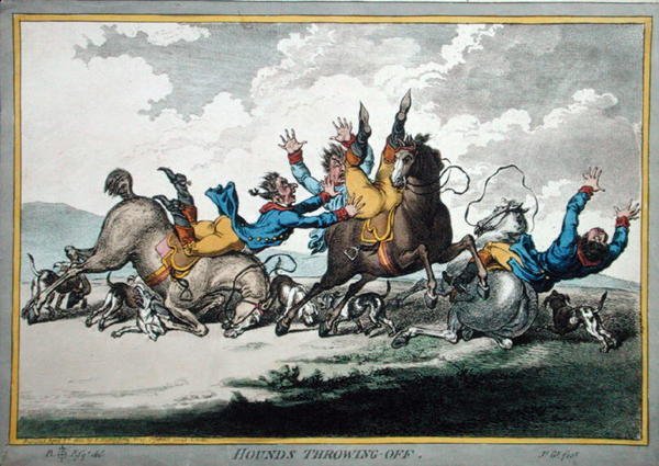 Hounds Throwing Off, akwaforta Jamesa Gillraya (1756-1815) opublikowana przez Hannah Humphrey w 1800 roku (akwaforta ręcznie kolorowana) (patrz także 191238) autorstwa Brownlow (after) North
