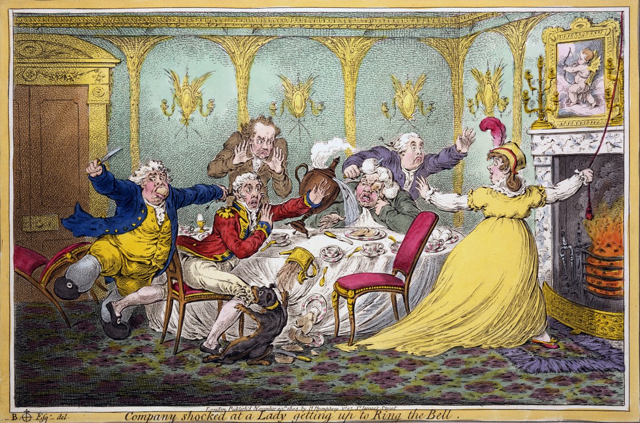 Towarzystwo zszokowane na widok damy wstającej, by zadzwonić dzwonem, pub. H. Humphrey, Londyn, 1804 (rycina ręcznie kolorowana) autorstwa Brownlow North