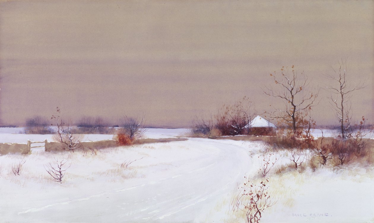 Śnieżna scena na wsi, ok. 1890 (toaleta i gwasz na papierze) autorstwa Bruce Crane