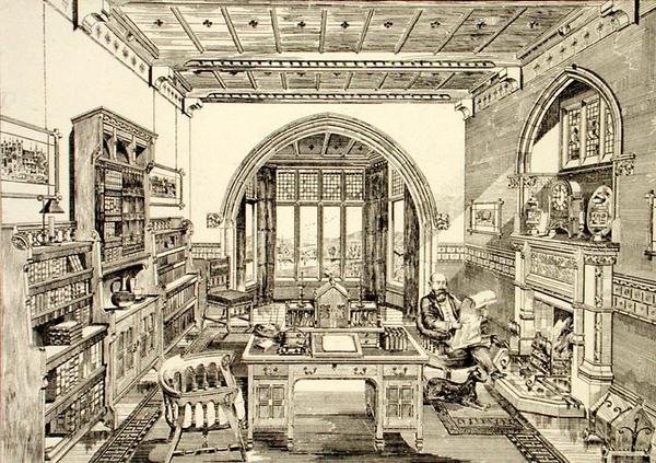 Widok wnętrza biblioteki autorstwa Bruce James Talbert