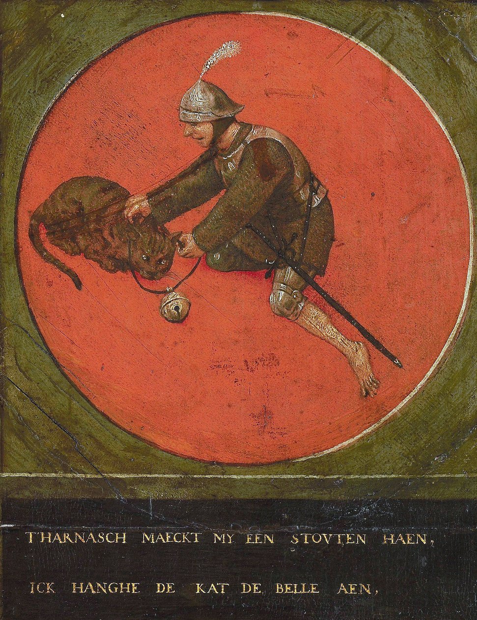 Daj mi zbroję, a będę na tyle odważny, by zadzwonić do kota, 1558. autorstwa Bruegel