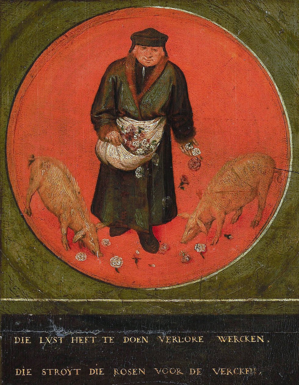 Ten, który zmarnowałby swój wysiłek, rzuca róże przed świnie, 1558. autorstwa Bruegel