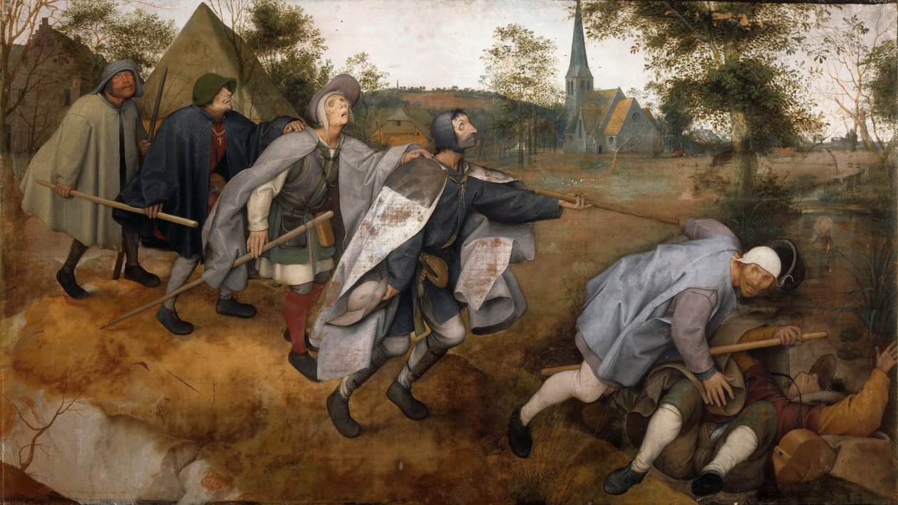 Ślepy prowadzący ślepych, 1568. autorstwa Bruegel