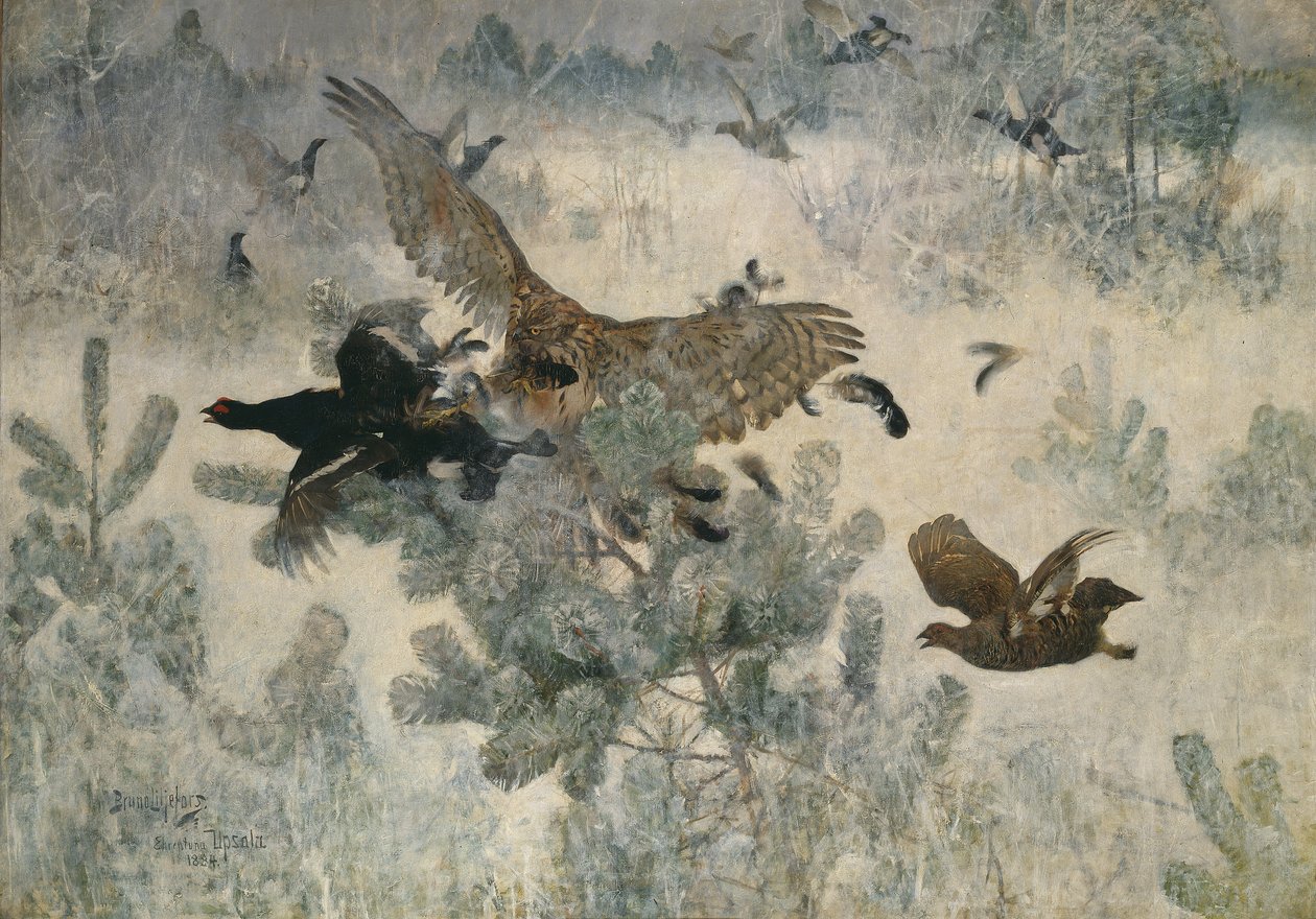 Jastrząb i czarna gra, 1884 autorstwa Bruno Andreas Liljefors