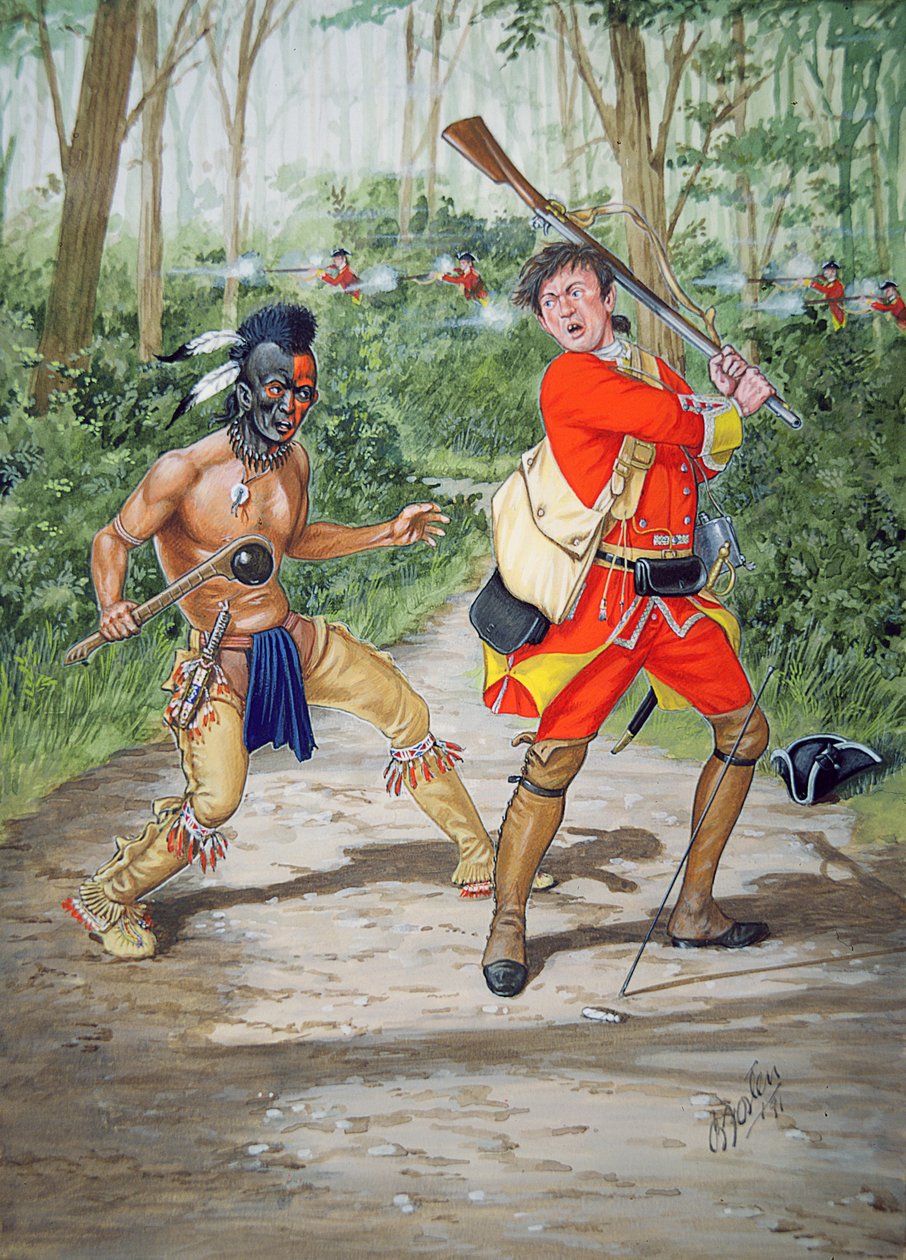 Wojownik Huronów kontra szeregowiec 44. pułku piechoty w 1755 r., z zestawu sześciu tableaux autorstwa Bryan Fosten