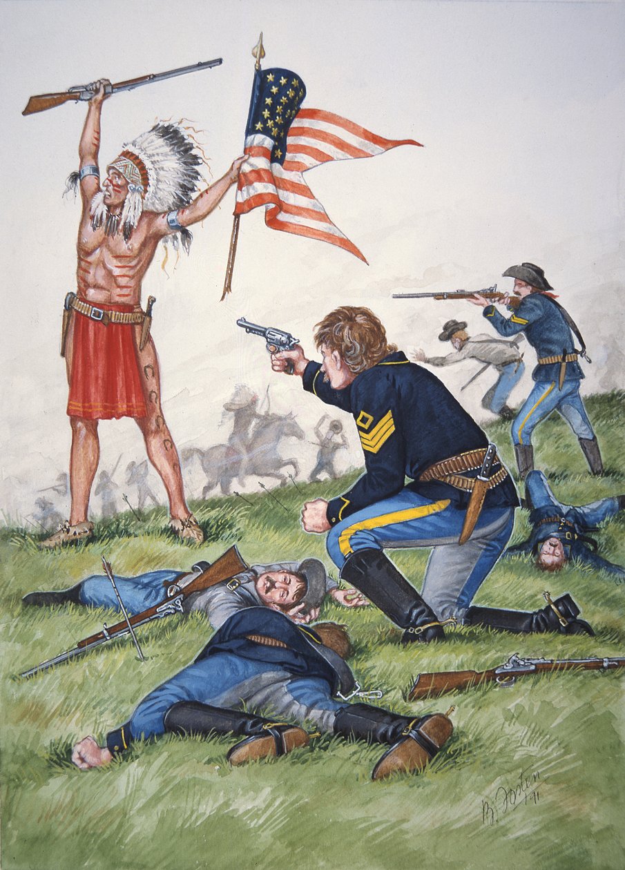 Wojownik Siuksów kontra 7. pułk kawalerii amerykańskiej w bitwie nad Little Bighorn, 25 czerwca 1876 r., z zestawu sześciu tableaux. autorstwa Bryan Fosten