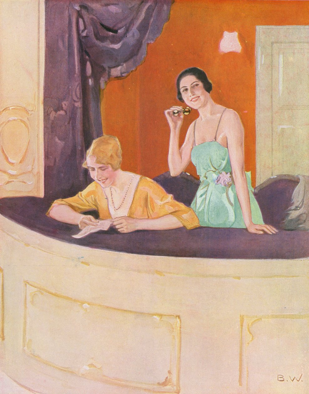 Dwie kobiety w loży w operze (kolorowa litografia) autorstwa Brynolf Wennerberg