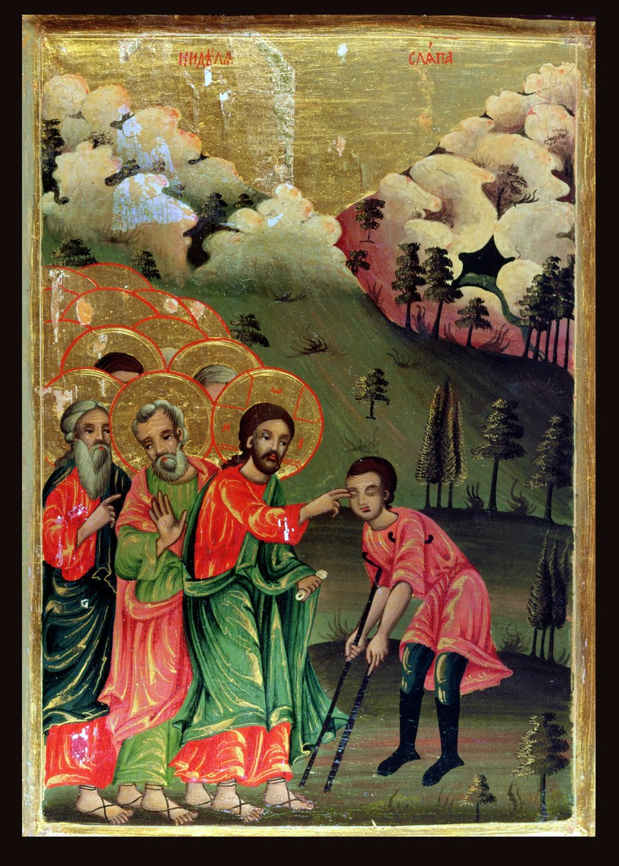 Uzdrowienie ślepca, 1811 (tempera i złoty płatek na panelu) autorstwa Bulgarian School