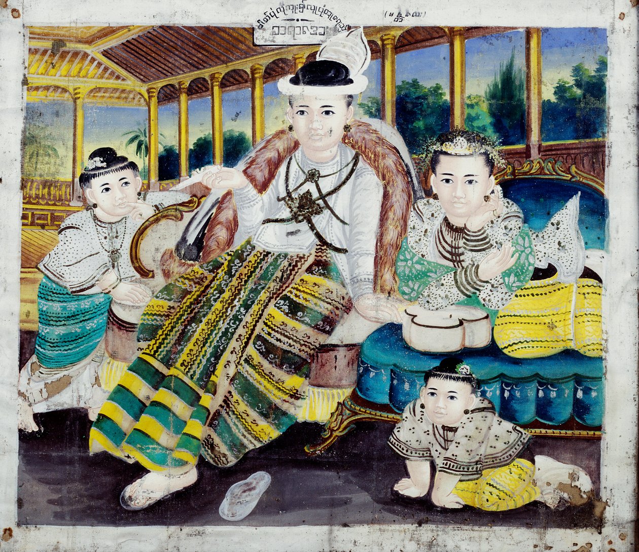 Portret rodzinny (gwasz na tkaninie) autorstwa Burmese School