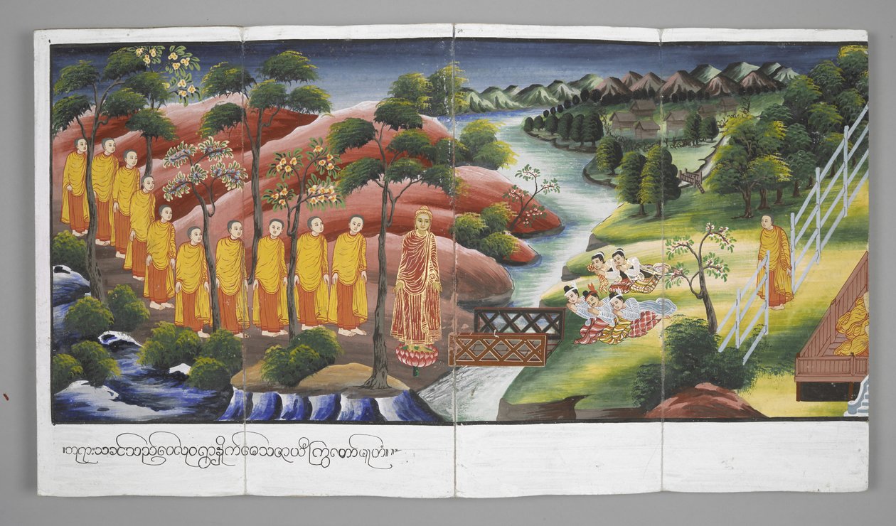 Lub. 13534, f.23 Mnisi przechodzący przez rzekę, Sceny z życia Buddy (pergamin) autorstwa Burmese School