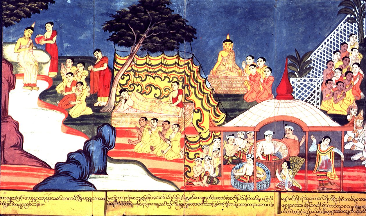 Lub 14298 fol.16-17 Kąpie się Budda, ok. 1800-20 (gwasz na papierze) autorstwa Burmese School
