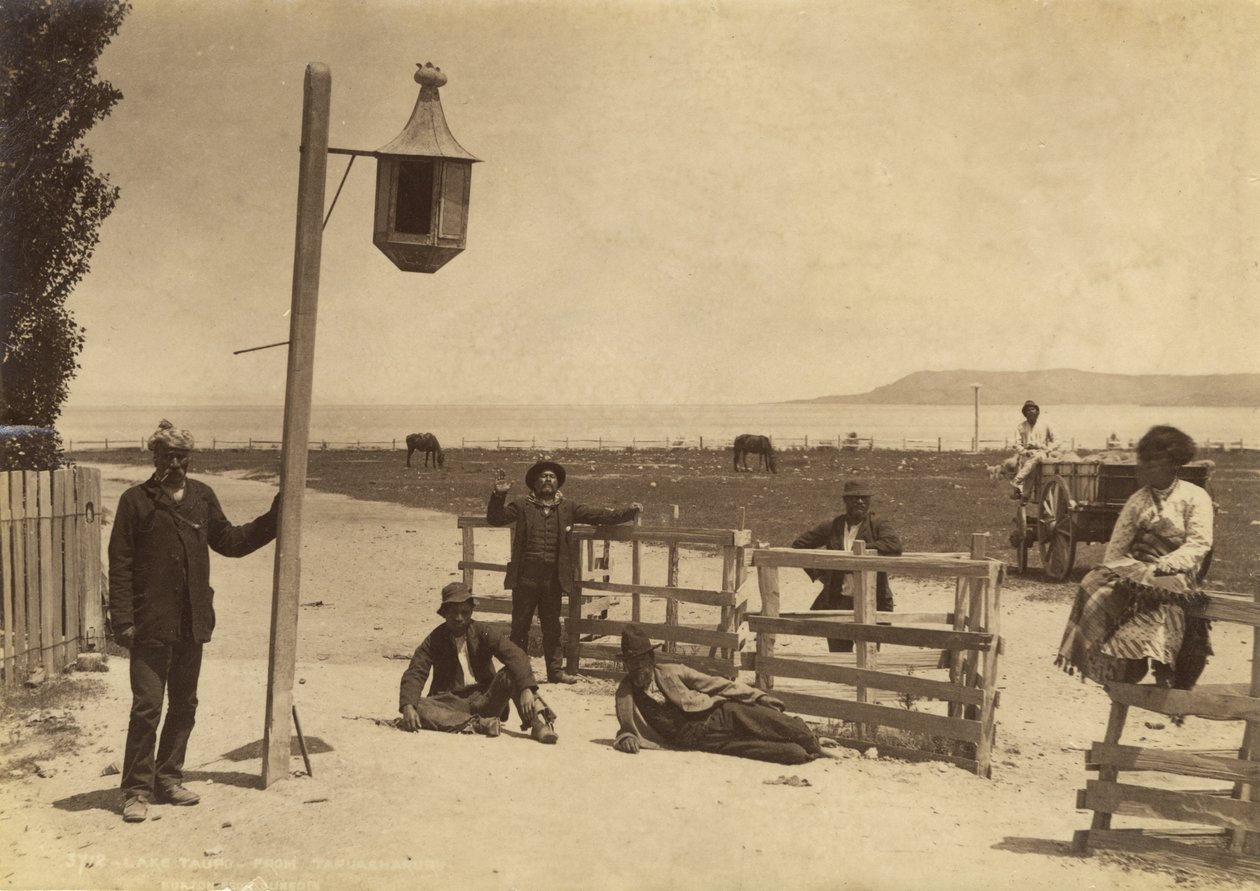 Jezioro Taupo - z Tapuaharuru, c.1886 (druk albumowy) autorstwa Burton Brothers Studio