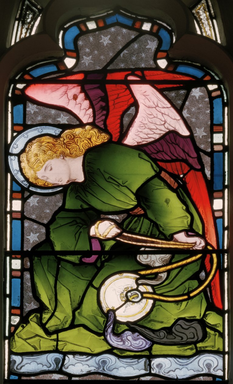 Gillingham, St Mary, okno wschodnie, Heaton, Butler  Bayne, artysta nieznany, Anioł wyczuwający, ok. 1868 r. autorstwa Butler and Bayne Heaton