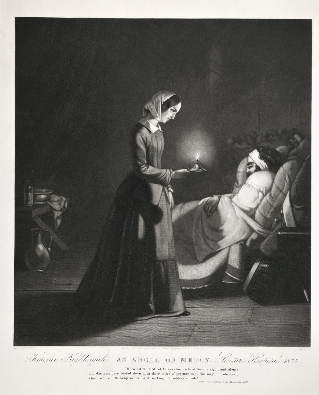 Florence Nightingale, Anioł Miłosierdzia, Szpital Scutari, grawerowane przez Tomkinsa, 1855 autorstwa Butterworth