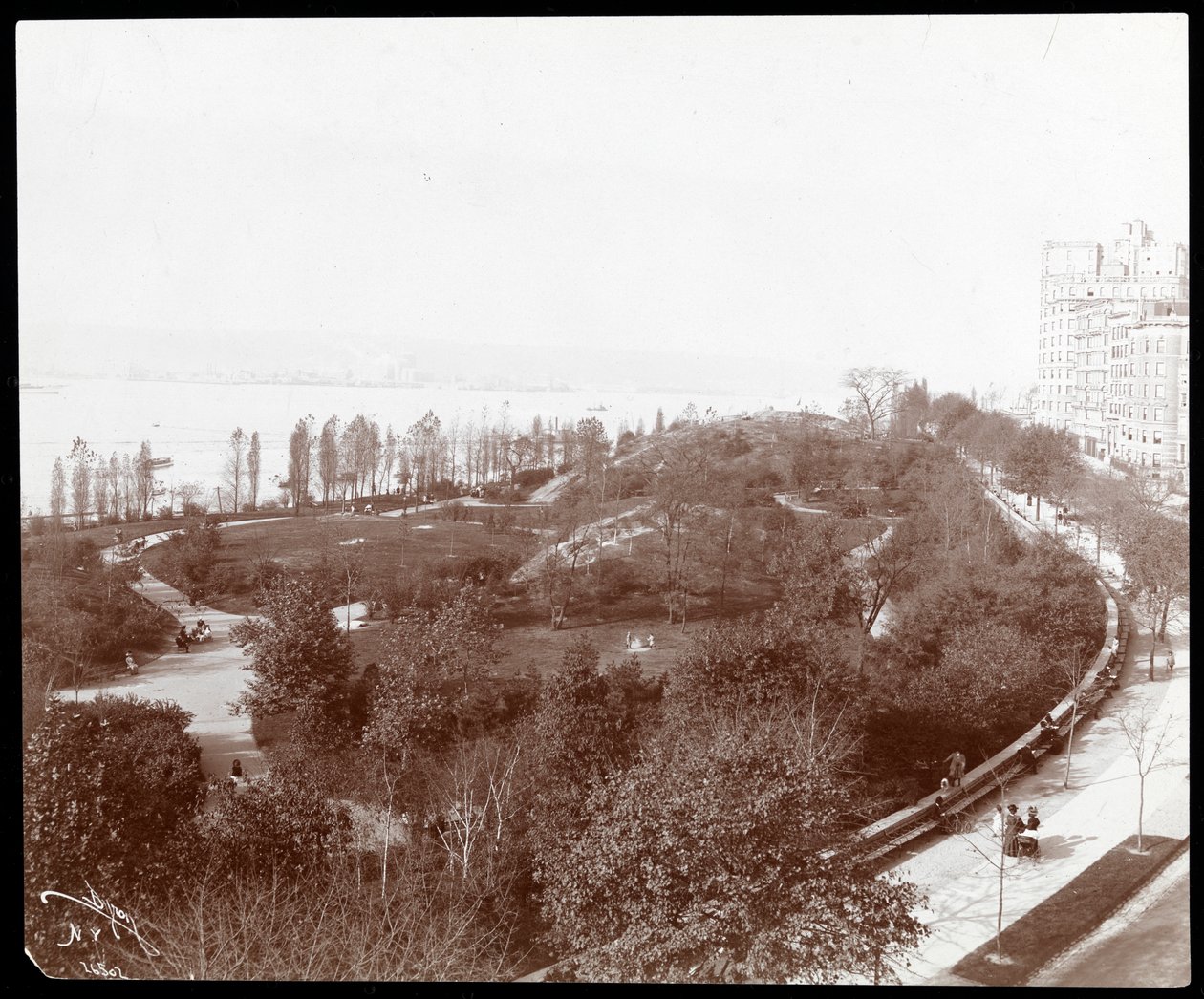 Widok z lotu ptaka na Riverside Park, patrząc na północny wschód, Nowy Jork, ok. 1893 (odbitka żelatynowa) autorstwa Byron Company