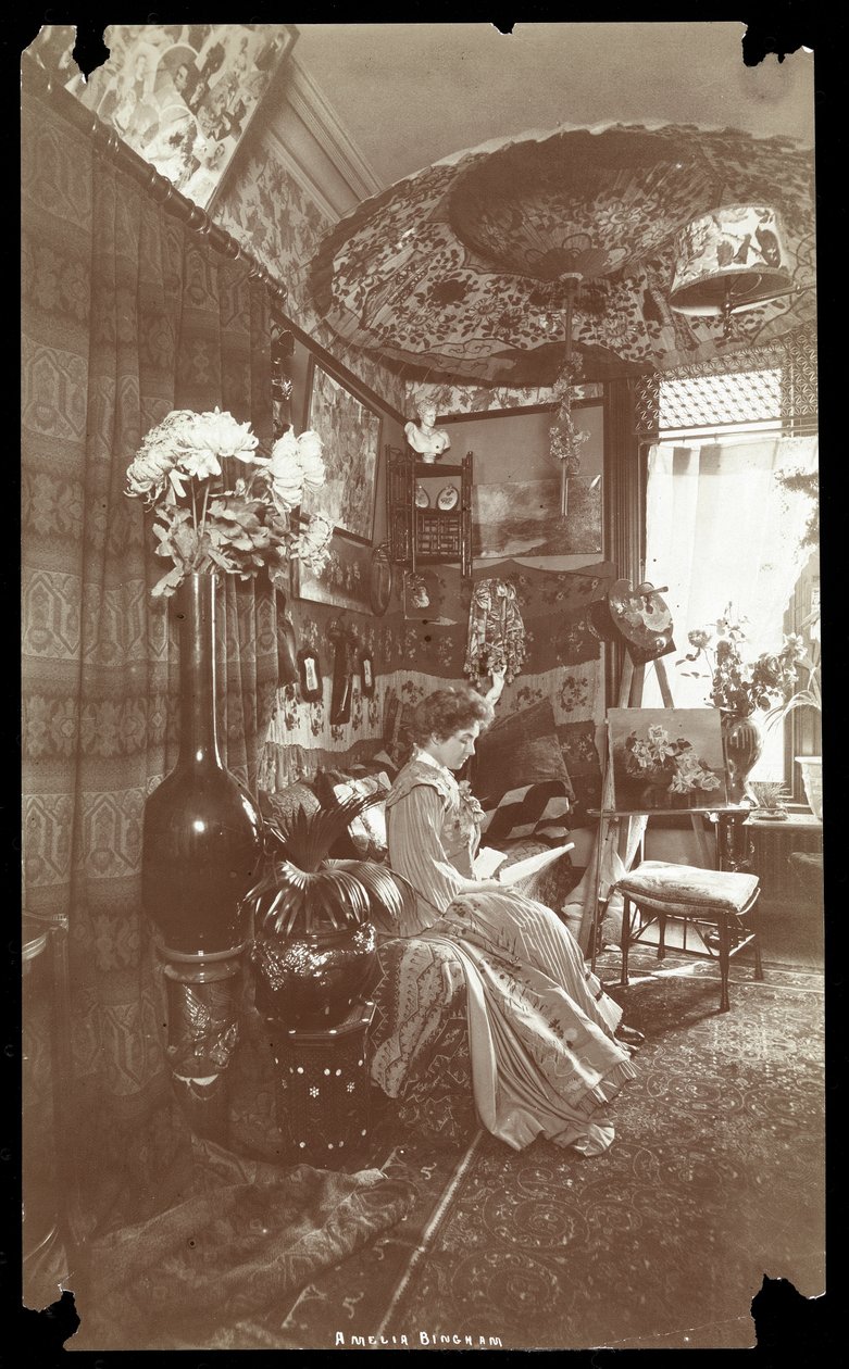 Amelia Bingham siedząca w swoim mieszkaniu i czytająca, ok. 1905 (odbitka żelatynowa) autorstwa Byron Company