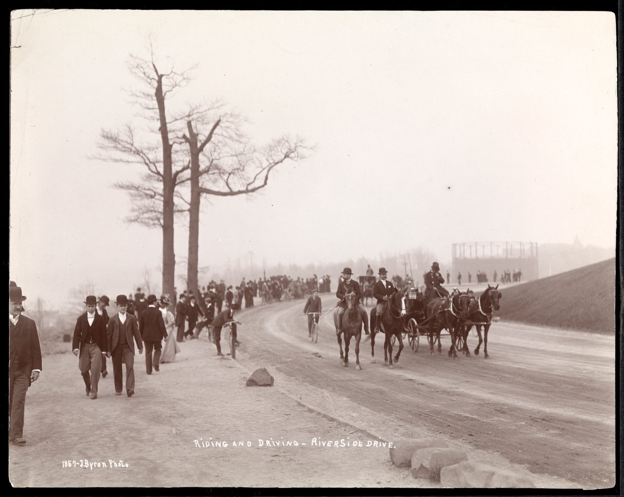 Rowerzyści i bryczki konne na zakręcie Riverside Drive, Nowy Jork, 1896 (srebrny odbitka żelatynowa) autorstwa Byron Company