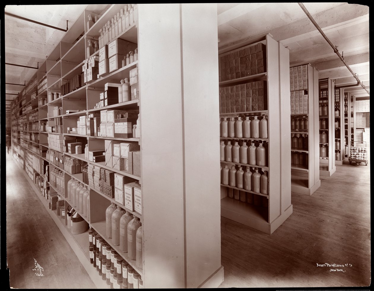 Widok wnętrza magazynu chemicznego w firmie Parke, Davis und Co., chemicy, Hudson und Vestry Streets, Nowy Jork, 1910 (odbitka żelatynowa) autorstwa Byron Company