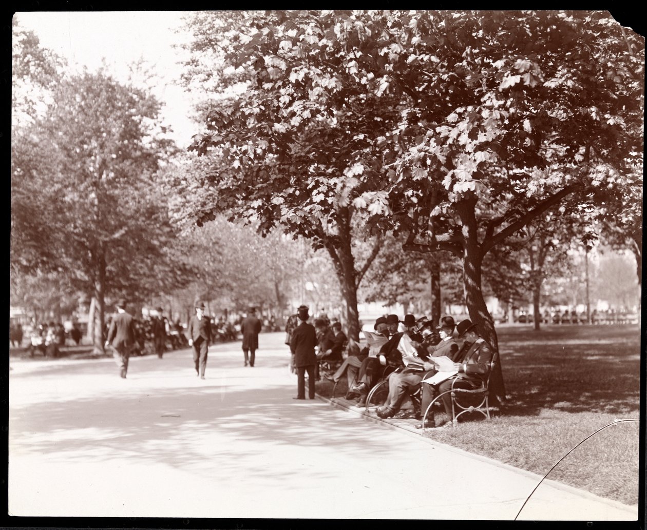 Mężczyźni na ławkach parkowych na Union Square, Nowy Jork, ok. 1903 (srebrny odbitka żelatynowa) autorstwa Byron Company