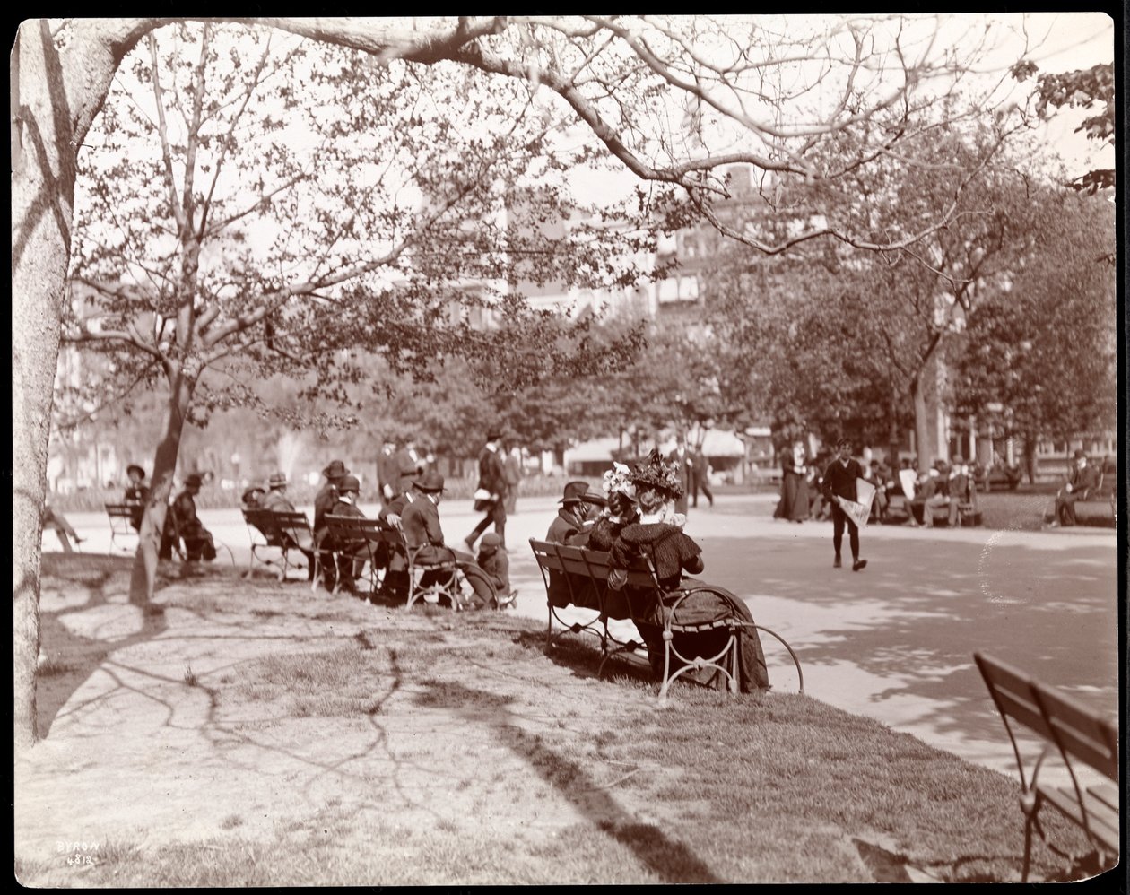 Ludzie na ławkach w parku na Union Square, Nowy Jork, 1898 (srebrny odbitka żelatynowa) autorstwa Byron Company