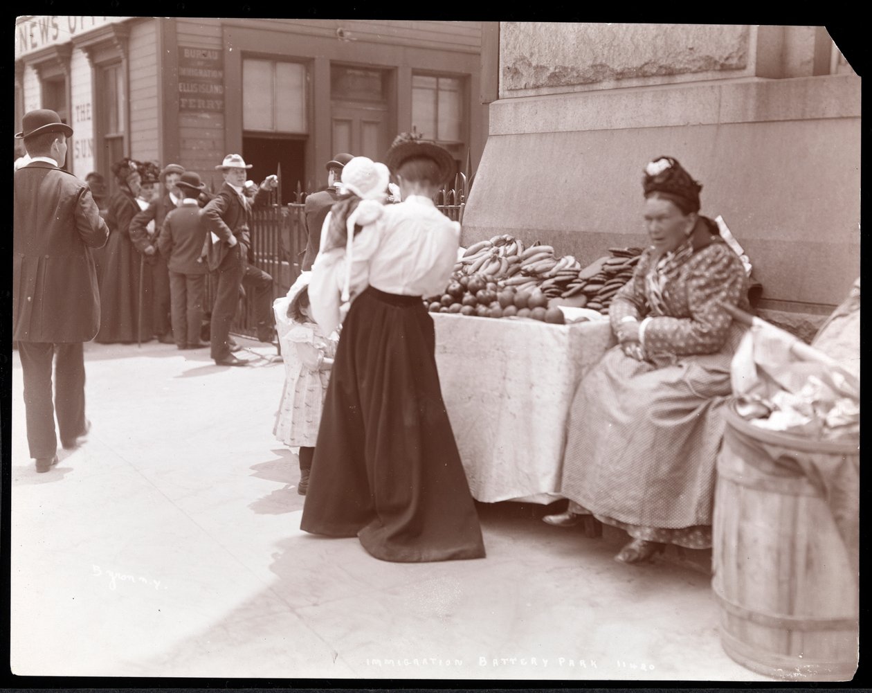 Widok handlarza owocami w Battery Park, prawdopodobnie czekającego na imigrantów z Ellis Island, Nowy Jork, ok. 1901 (srebrny odcisk żelatynowy) autorstwa Byron Company