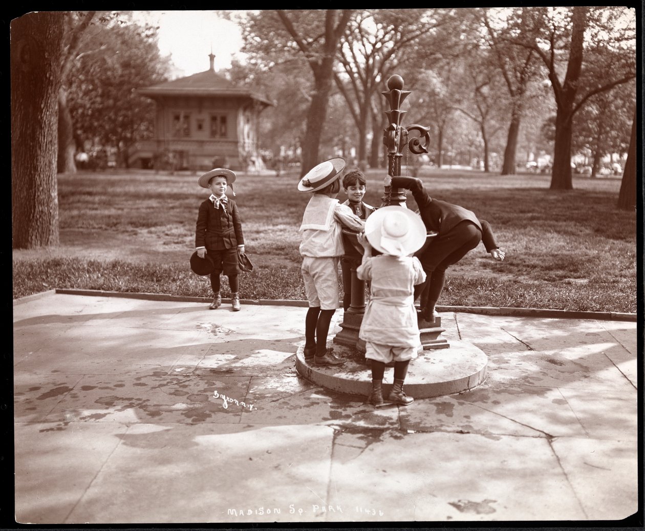 Pięcioro dzieci bawiących się i pijących przy fontannie na Madison Square, Nowy Jork, 1901 (odbitka żelatynowa) autorstwa Byron Company