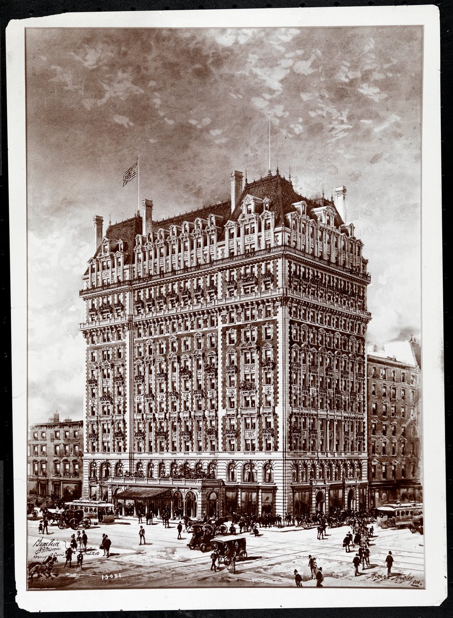 Fotografia rysunku Hotelu Knickerbocker, południowo-wschodni narożnik, 42nd Street i Broadway, Nowy Jork, 1900, autorstwa Hughsona Fredericka Hawleya (1850-1936), wydrukowana w 1902 r. autorstwa Byron Company