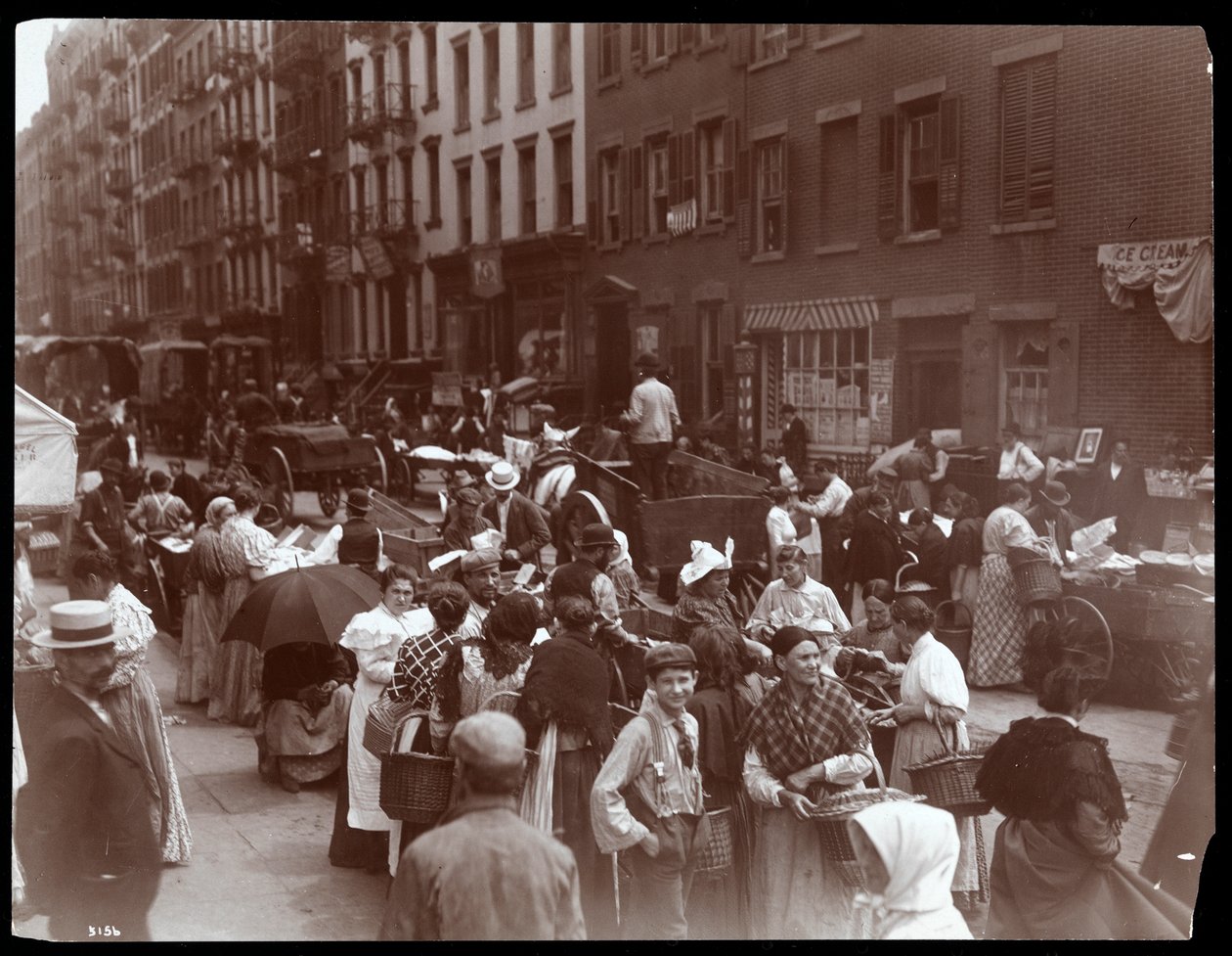 Widok tłumu i handlarzy na Hester Street, Nowy Jork, 1899 (srebrny odbitka żelatynowa) autorstwa Byron Company