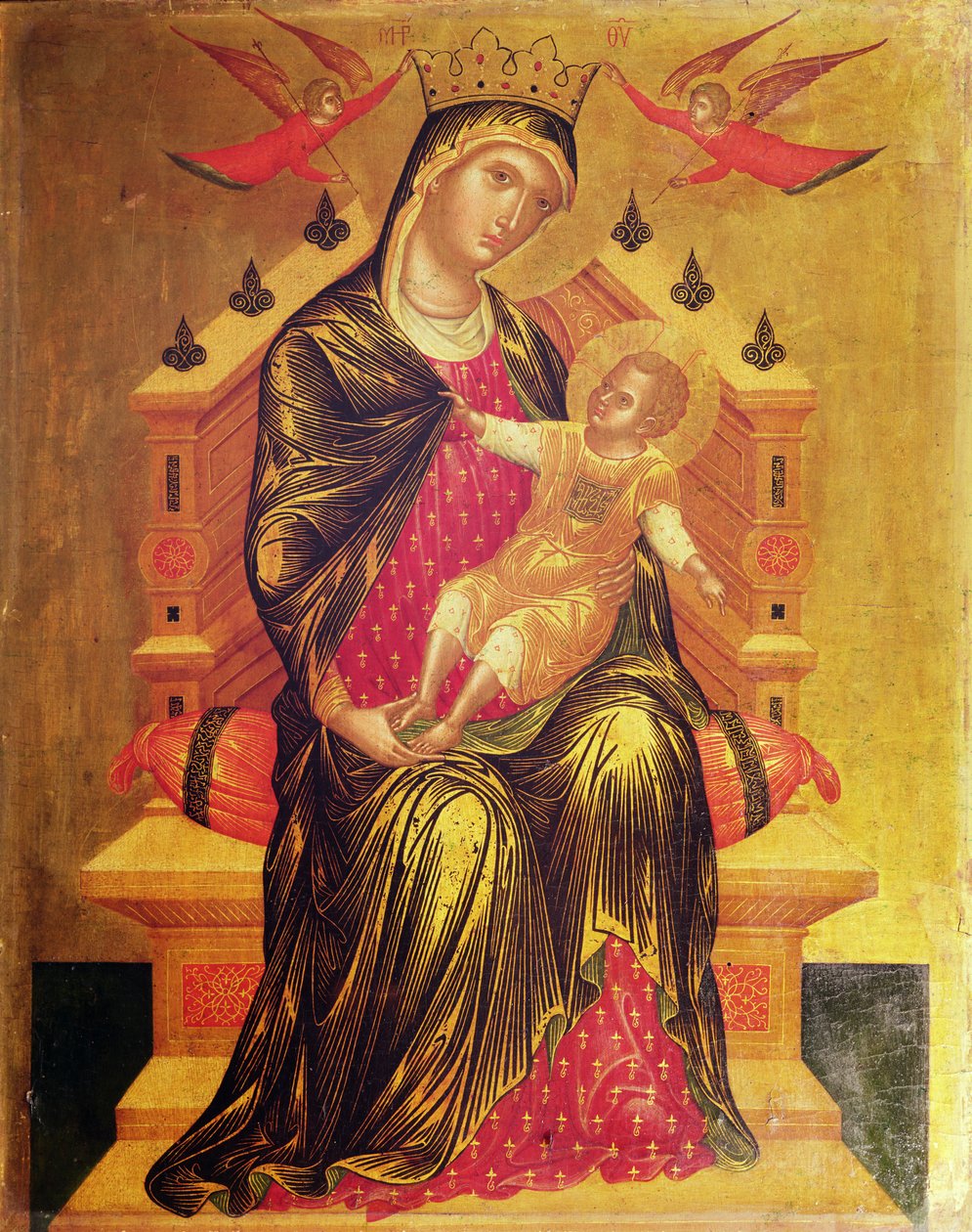 Madonna z Dzieciątkiem na tronie z dwoma aniołami (tempera na desce) autorstwa Byzantine