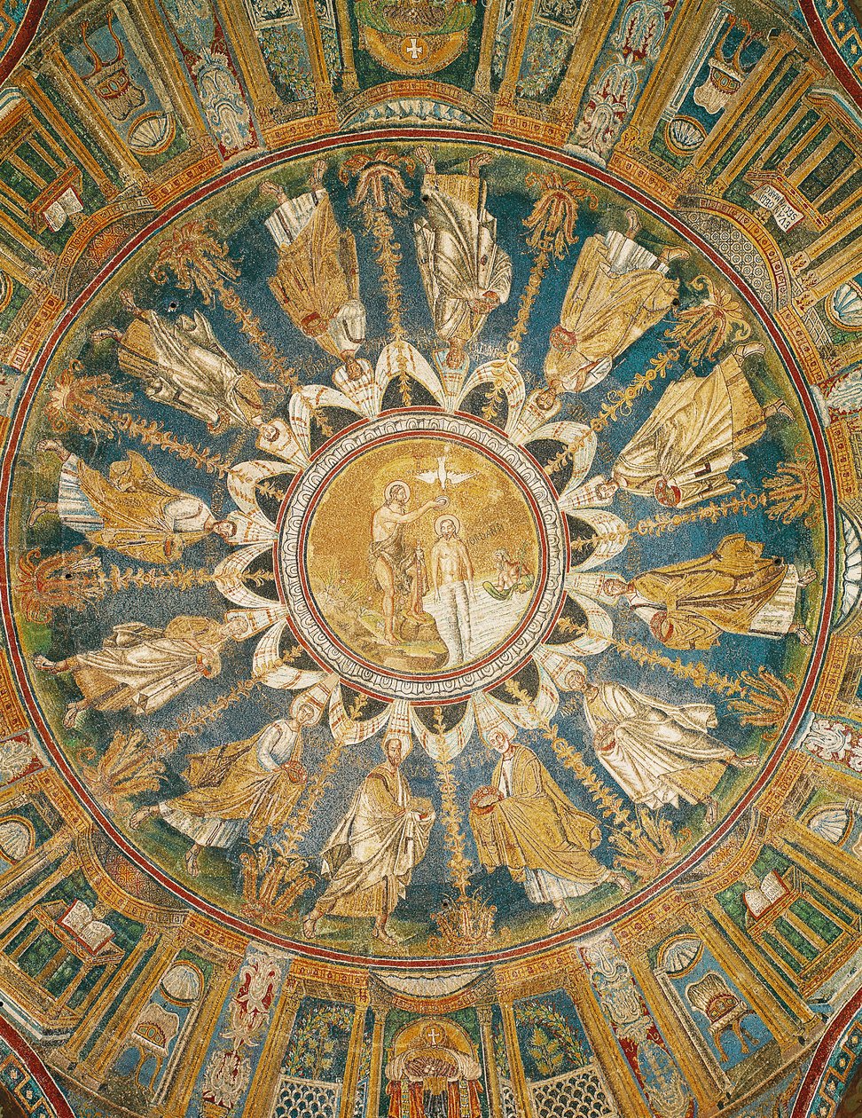 Chrzest Chrystusa w otoczeniu Apostołów, ze sklepienia kopuły centralnej (mozaika) autorstwa Byzantine