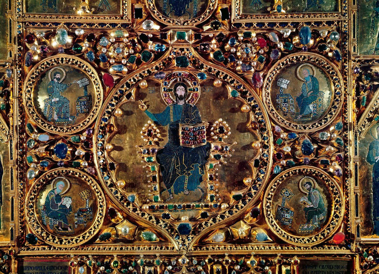 Pala dOro, detal Chrystusa w majestacie ze złotem ewangelistów i emalią inkrustowaną drogocennymi kamieniami autorstwa Byzantine